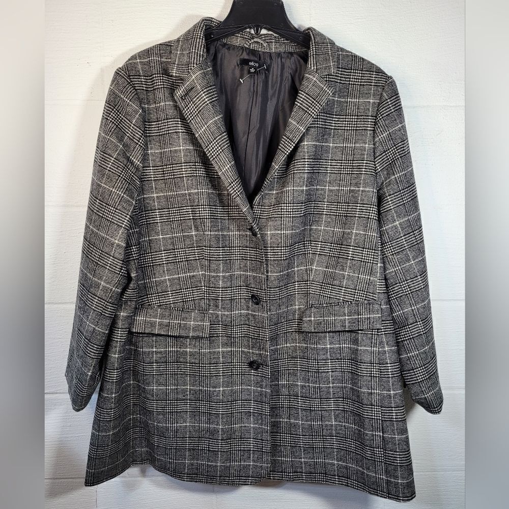 NEW ELLOS plus size 28‎ wool blend long line plaid blazer peacoat